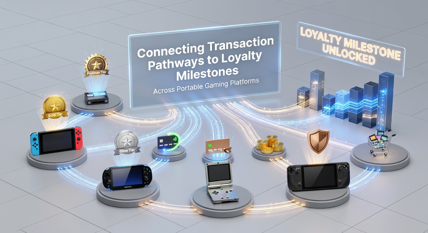 Illustration of transaction pathways linking to loyalty milestones on portable gaming devices