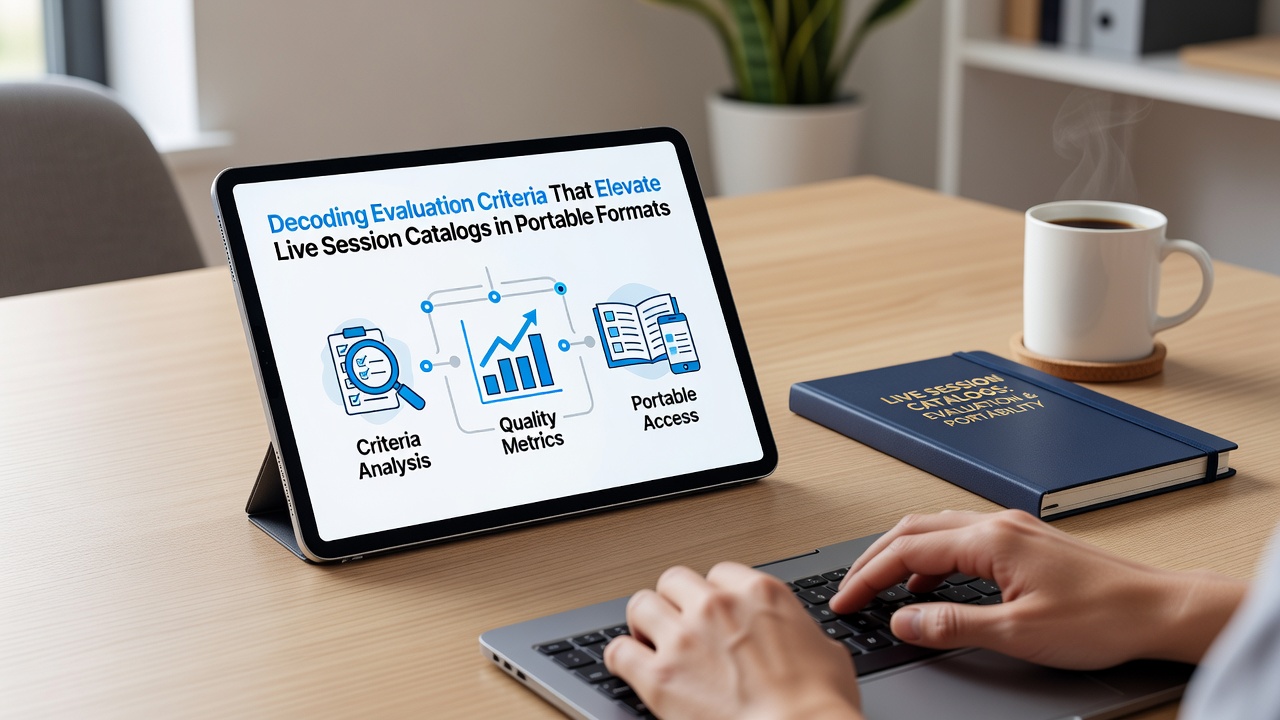 Close-up view of categorized live session listings on a tablet screen showing filters and search options