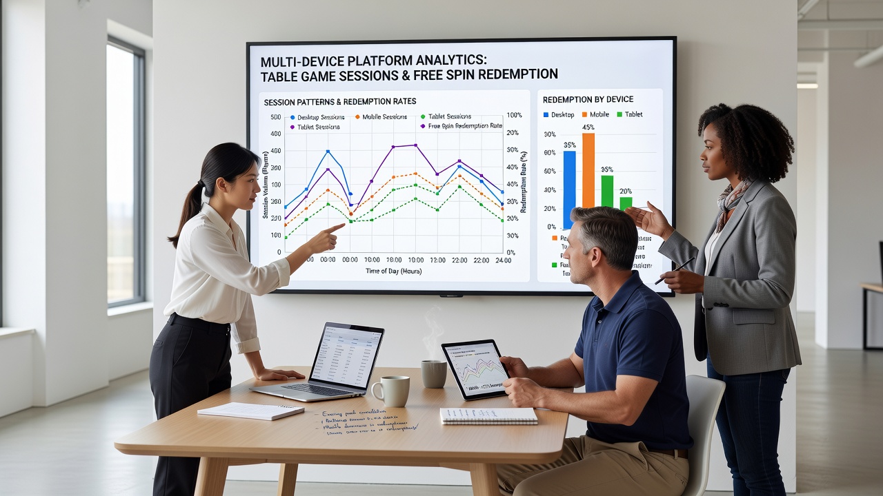 Analytics dashboard displaying redemption rates segmented by device type and session duration
