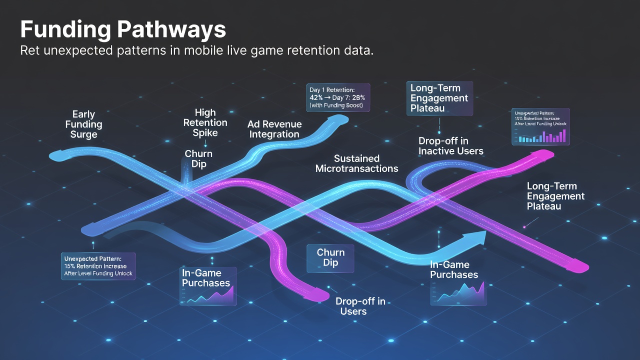 Data visualization showing funding pathways and mobile live game retention metrics