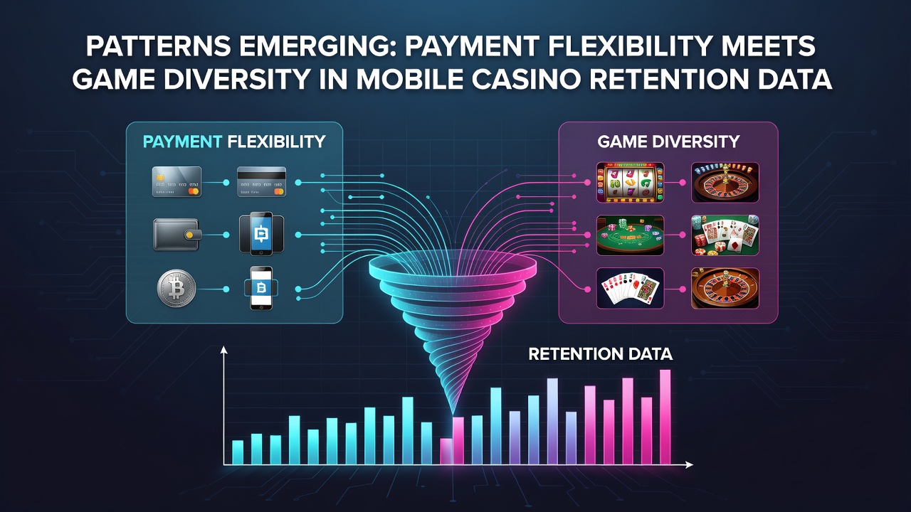 Infographic chart comparing retention percentages across different levels of payment flexibility and game variety in mobile casino applications