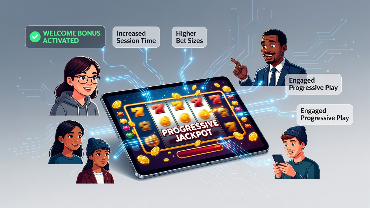 Mobile device displaying progressive slot game interface with bonus indicators and network jackpot meter