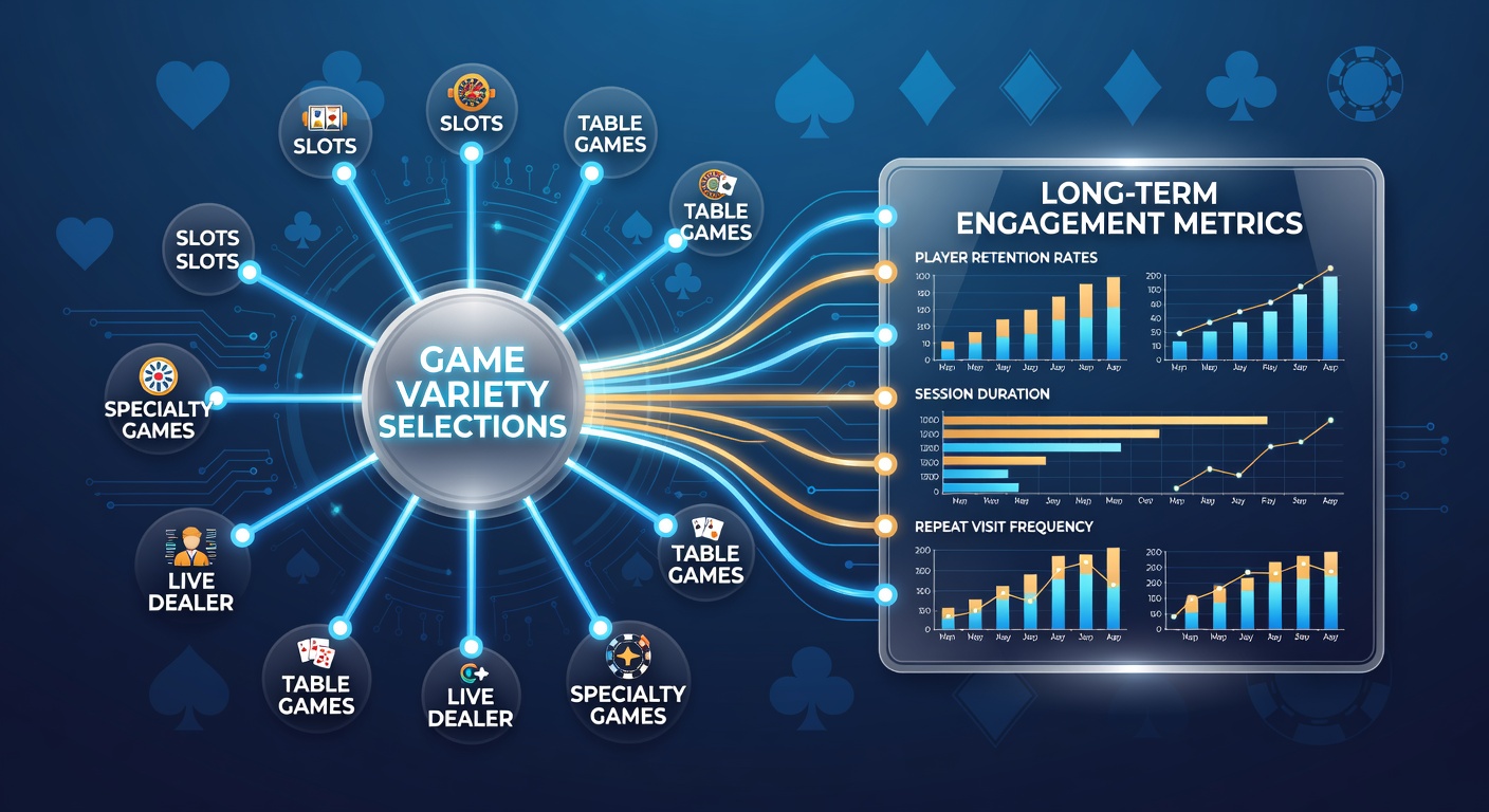 Virtual casino interface displaying diverse game categories including slots, table games, and live dealer options with engagement analytics overlays